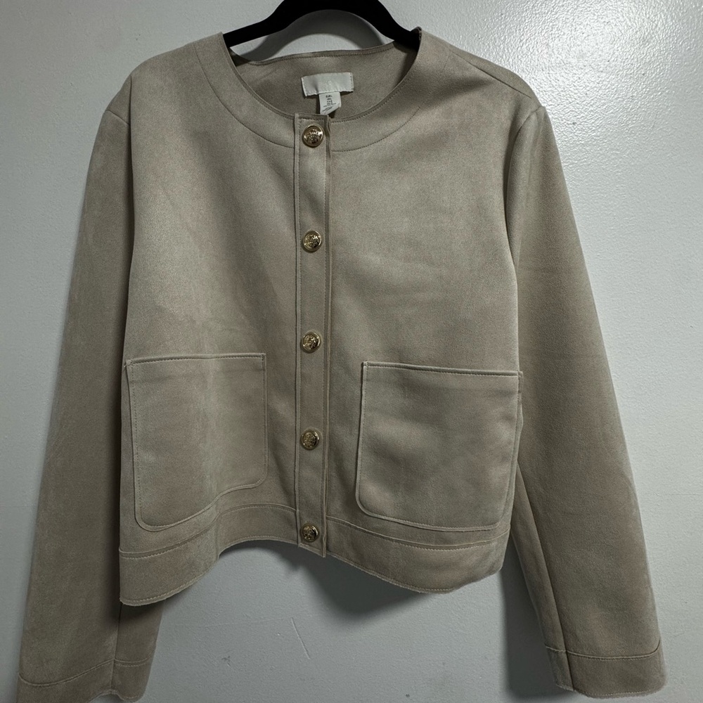 H&M Light Beige Faux Suede Jacket Blazer Size L Neutral Layering - Picture 7 of 8